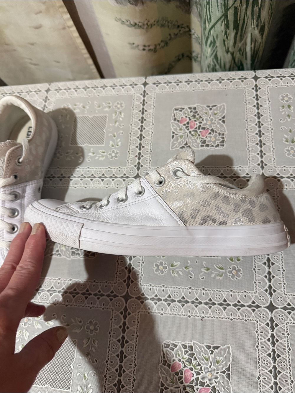 Converse Women's Low Top Sneakers in White with Beige/Silver Animal Print - Picture 4 of 7